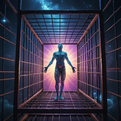 Prompt: A celestial, divine being, trapped in a complex and impervious cage, high res, mythical, vibrant, photorealistic, 4k, menacing, far away perspective