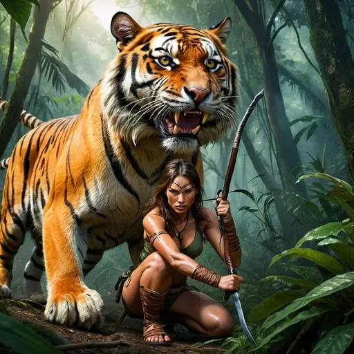 Prompt: A huntress in Amazonian forest fighting a huge tiger, high res, jungle, photorealistic, epic, vibrant