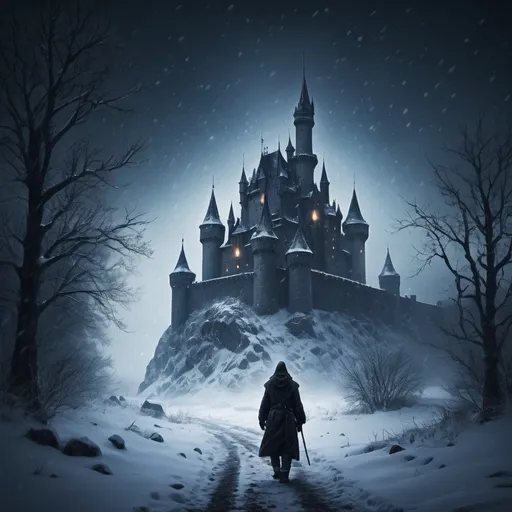 Prompt: Lost traveler in snowstorm, menacing castle in distance, snowy landscape, high quality, realistic, horror, cool tones, atmospheric lighting, detailed snowflakes, desolate atmosphere, eerie castle, dark silhouette, night