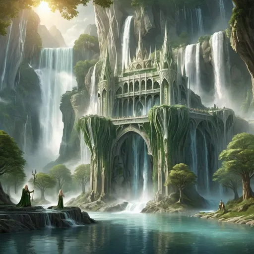 Prompt: Elven kingdom surrounded with waterfalls, high res, divine beings, trees, army, elven architecture, mystical  beings, a king riding a mythical creature