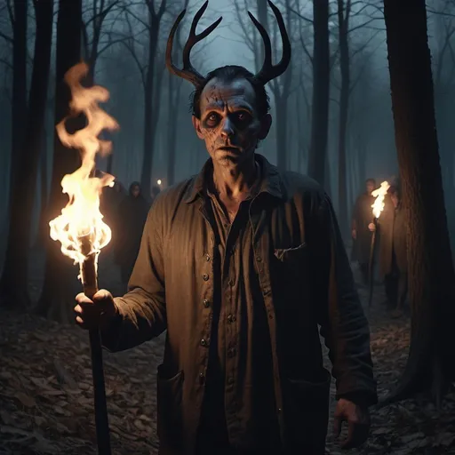 Prompt: A shapeshifter, shedding his last disguise in woods, near the villagers that are hunting him with torches and pitchforks, 4k, eerie, creepy, night, atmospheric, high res, photorealistic, sinister.