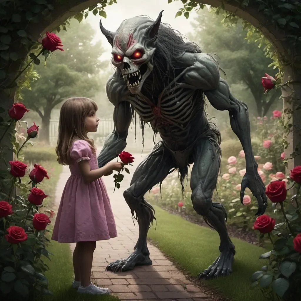 Prompt: A skinwalker in the garden offering a rose to a little girl.