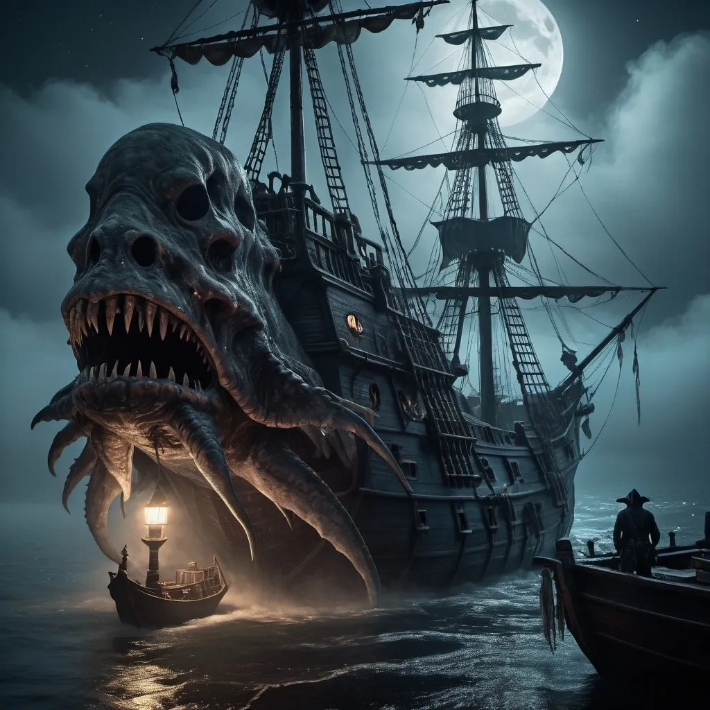 Prompt: Huge sea creature emerging next to pirate ship, misty night, highres, detailed, eerie, oceanic, misty, dark tones, atmospheric lighting, detailed scales, menacing gaze, surreal, monstrous, fantastical, eerie fog, nautical, haunting, mysterious, moonlit, dramatic, foreboding