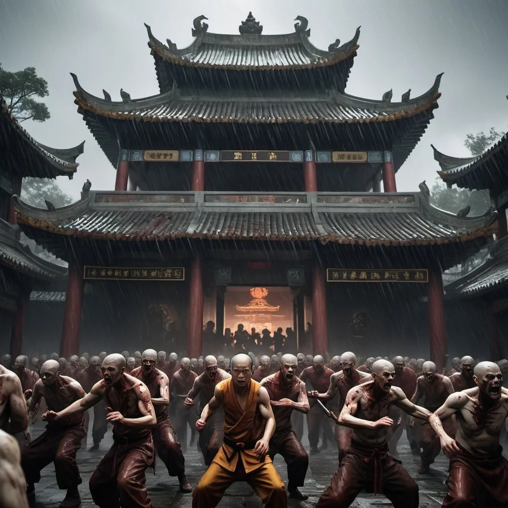 Prompt: A shaolin temple being overrun by a horde of zombies. Rainy, high res, photorealistic, eerie, dark atmosphere, scary