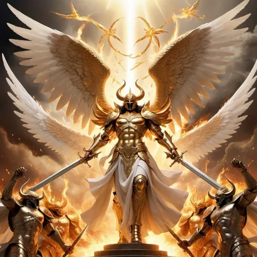 Prompt: Heaven's gate battle between angel and demon armies, epic golden celestial setting, angelic leaders with flowing white robes and divine armor, fiery demonic generals with twisted horns and charred wings, epic battle scene with divine weapons and fiery explosions, high quality, epic fantasy, golden celestial lighting, detailed wings and armor, powerful and ethereal