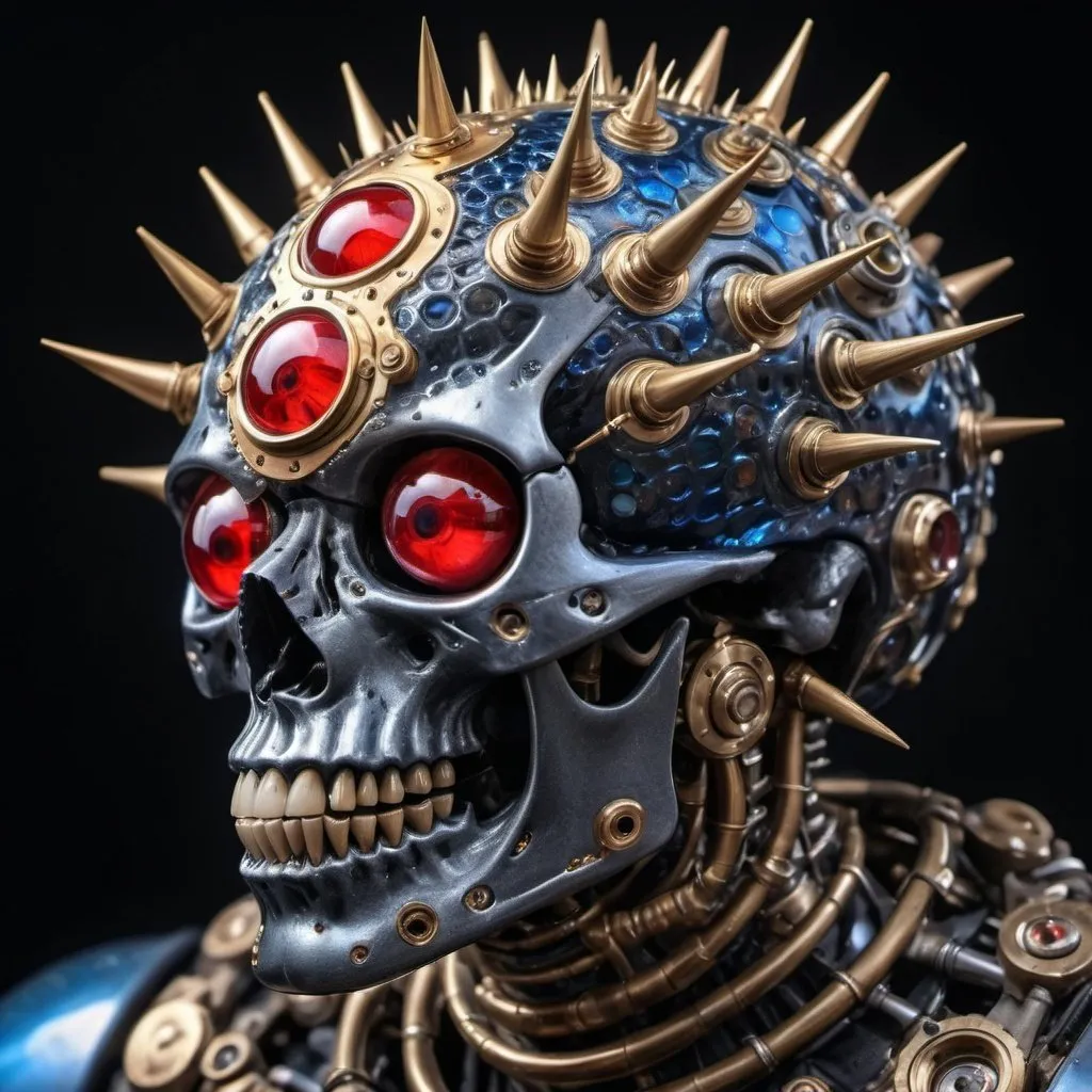 Prompt: CoVid humanoid supervillian with metallic grey torso armor spotted everywhere with golf-ball-sized black-outlined cobalt blue rings, & iridescent scaly head & facial skin, with six molten-gold eyes encircling his skull & rows of needle-like red spike-proteins shaped hairs on top & sharp crystal teeth, & his entire lower body is a rolling ball capable of moving any direction & that looks exactly like a medium-grey colored covid 19 virus with metallic red spike-proteins serving as treads. Steampunk. intricate details, HDR, colorful polychromatic, beautifully shot, hyperrealistic, sharp focus, 64 megapixels, perfect composition, high contrast Professional photography, natural lighting, canon lens, shot on dslr 64 megapixels, color depth, dramatic, high contrast, ultra detailed, ultra quality, a masterpiece, 8k resolution, hyperdetailed, volumetric lighting