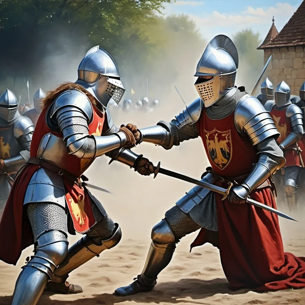 Prompt: Oil on canvas style, photorealistic, medieval knights fighting