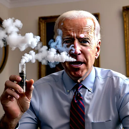 Prompt: Joe biden in his bedroom blowing vape clouds from his vaporized weed cartirdge 