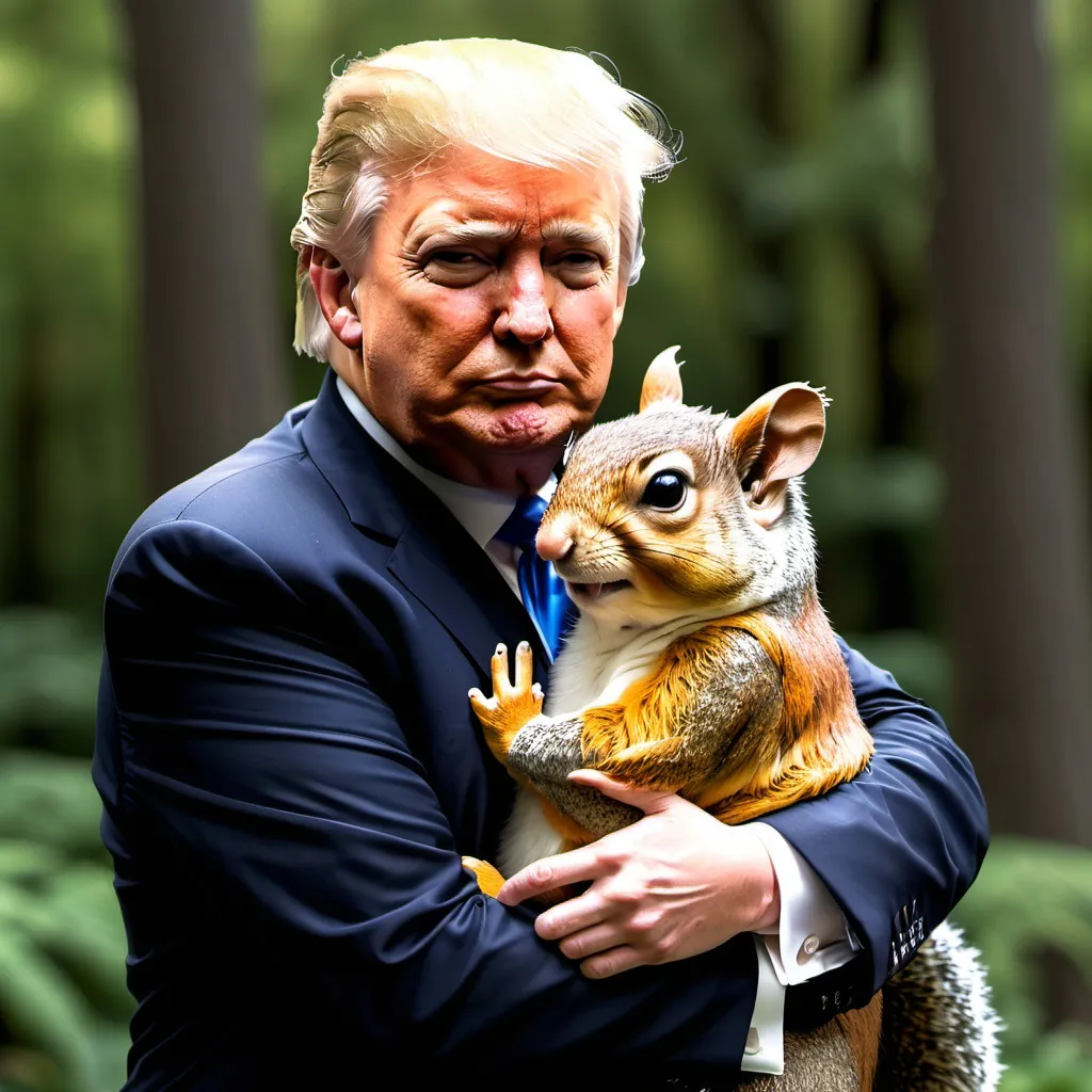 Prompt: Make an image of donald trump and a squirel hugging 
