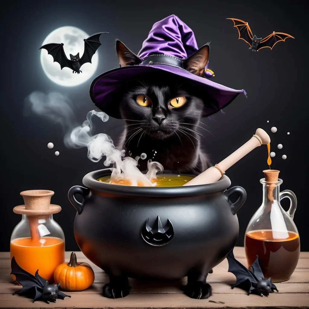 Prompt: A black cat dressed as a witch preparing a potion in a cauldron with flying bats on the backg, in a realistic Photo.