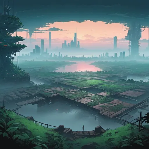 Prompt: a gigantic cyberpunk island is floating over a wasteland, the island is overrun by vegetation, the view is from a distance, the area is covered by fog, the sky is dusk, anime satoshi kon style