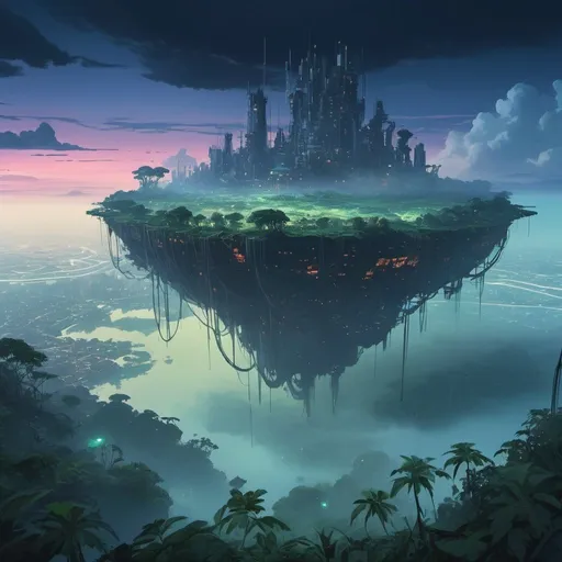 Prompt: a gigantic cyberpunk island is floating over a wasteland, the island is overrun by vegetation, the view is from a distance, the area is covered by fog, the sky is dusk, anime satoshi kon style