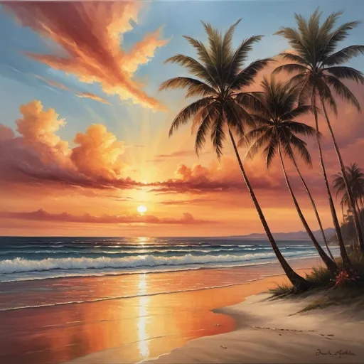 Prompt: Ravishing sunset over a tranquil beach, vibrant warm tones, realistic oil painting, palm trees silhouetted against the horizon, gentle waves reflecting sunlight, striking cloud formations, high quality, realistic, vibrant warm tones, detailed palm trees, serene atmosphere