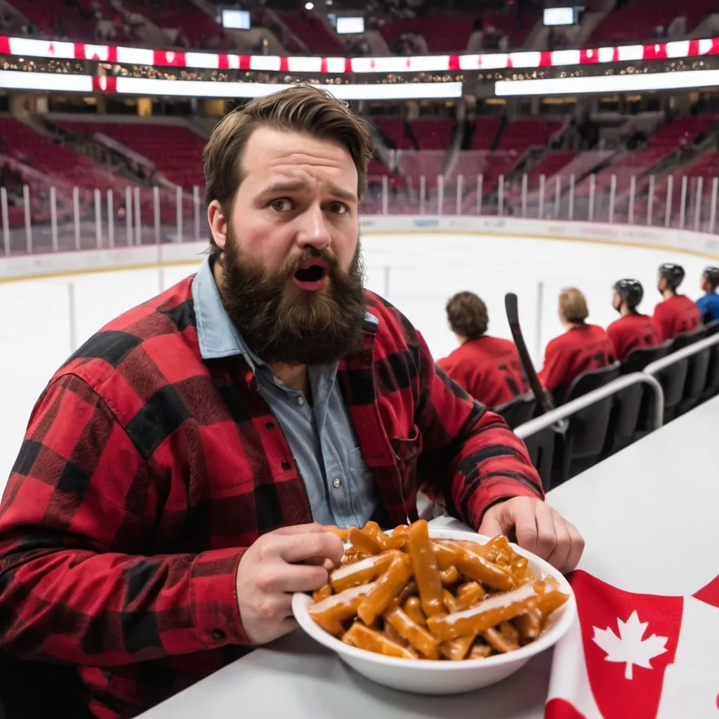 Prompt: canadian lumberjack man watching a hockey game in a canadian hockey arena whilst eating poutine