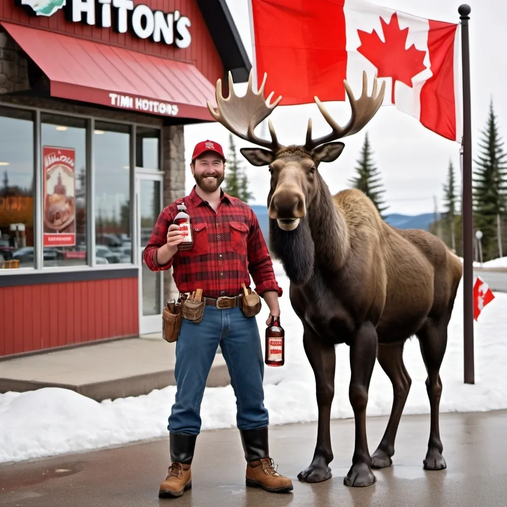 Prompt: friendly canadian lumberjack man holding bottle of maple syrup standing next to a moose outside a tim hortons restaurant and a canadian flag is at the back