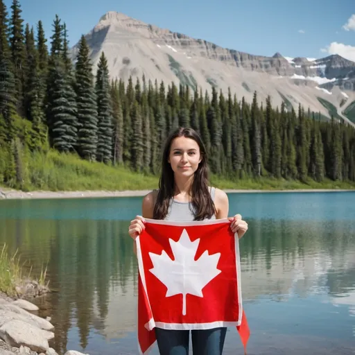 Prompt: young canadian woman standing next to a lake in alberta during summer with canadian flags and maple leaves