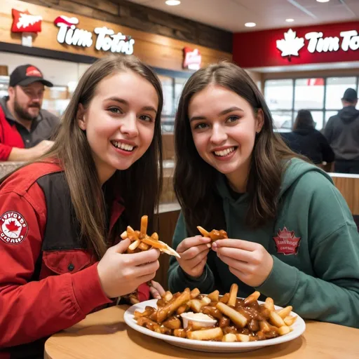 Prompt: young canadian woman eating poutine  at a tim hortons with a friendly canadian lumberjack man