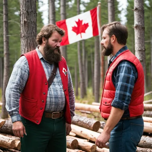 Prompt: canadian lumberjack man saying sorry to another canadian lumberjack man in the canadian woods and a canadian flag is in the back