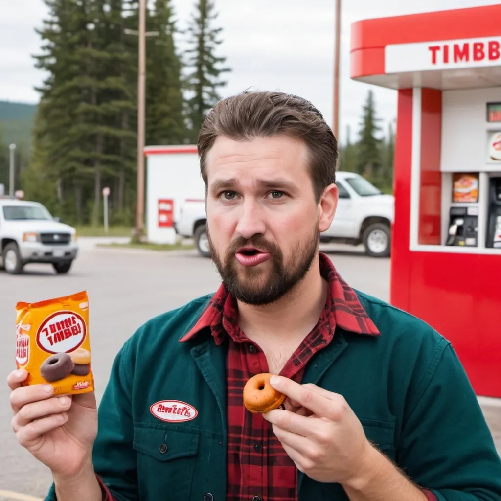 Prompt: canadian lumberjack man eating timbits at a gas station