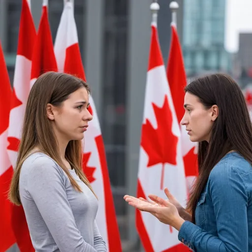 Prompt: young canadian woman apologizing profusely to another canadian woman with canadian flags in the background