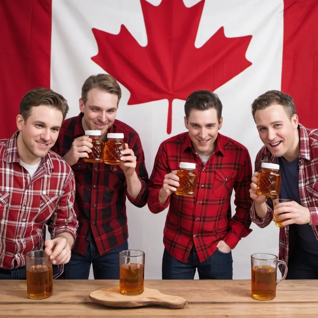 Prompt: 4 canadian men wearing red plaid shirts drinking maple syrup with canadian flag in the background