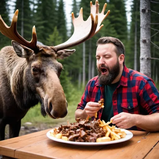 Prompt: canadian lumberjack man eating poutine with a moose