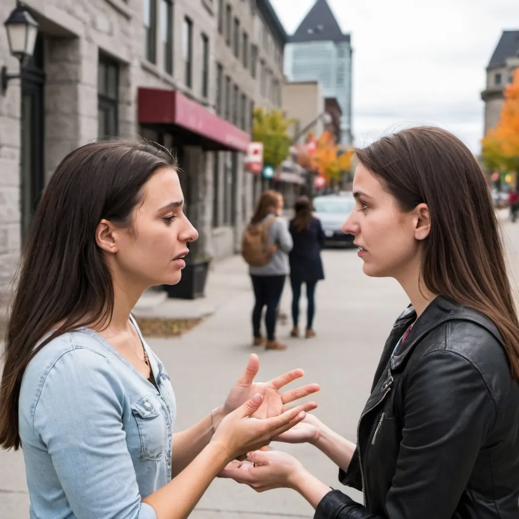 Prompt: young canadian woman apologizing profusely to another canadian woman in montreal