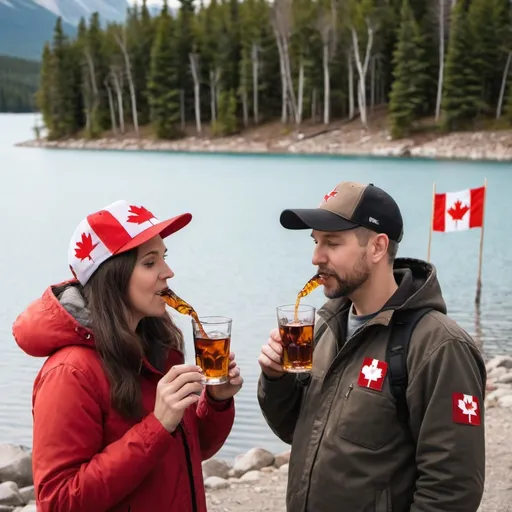 Prompt: canadian woman and canadian man standing next to a lake while drinking maple syrup and eating poutine with canadian flag in the back and a moose