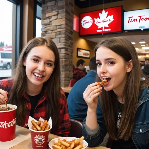 Prompt: young canadian woman eating poutine  at a tim hortons with a friendly canadian lumberjack