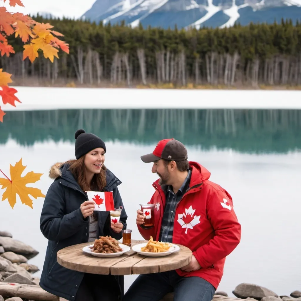 Prompt: canadian woman and canadian man standing next to a lake while drinking maple syrup and eating poutine with canadian flag in the back and a moose