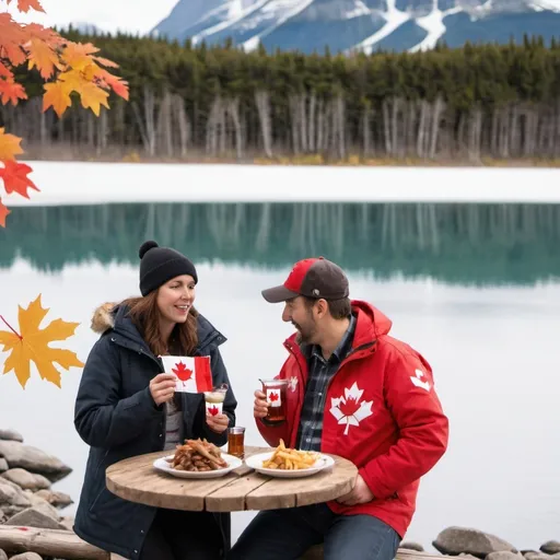 Prompt: canadian woman and canadian man standing next to a lake while drinking maple syrup and eating poutine with canadian flag in the back and a moose