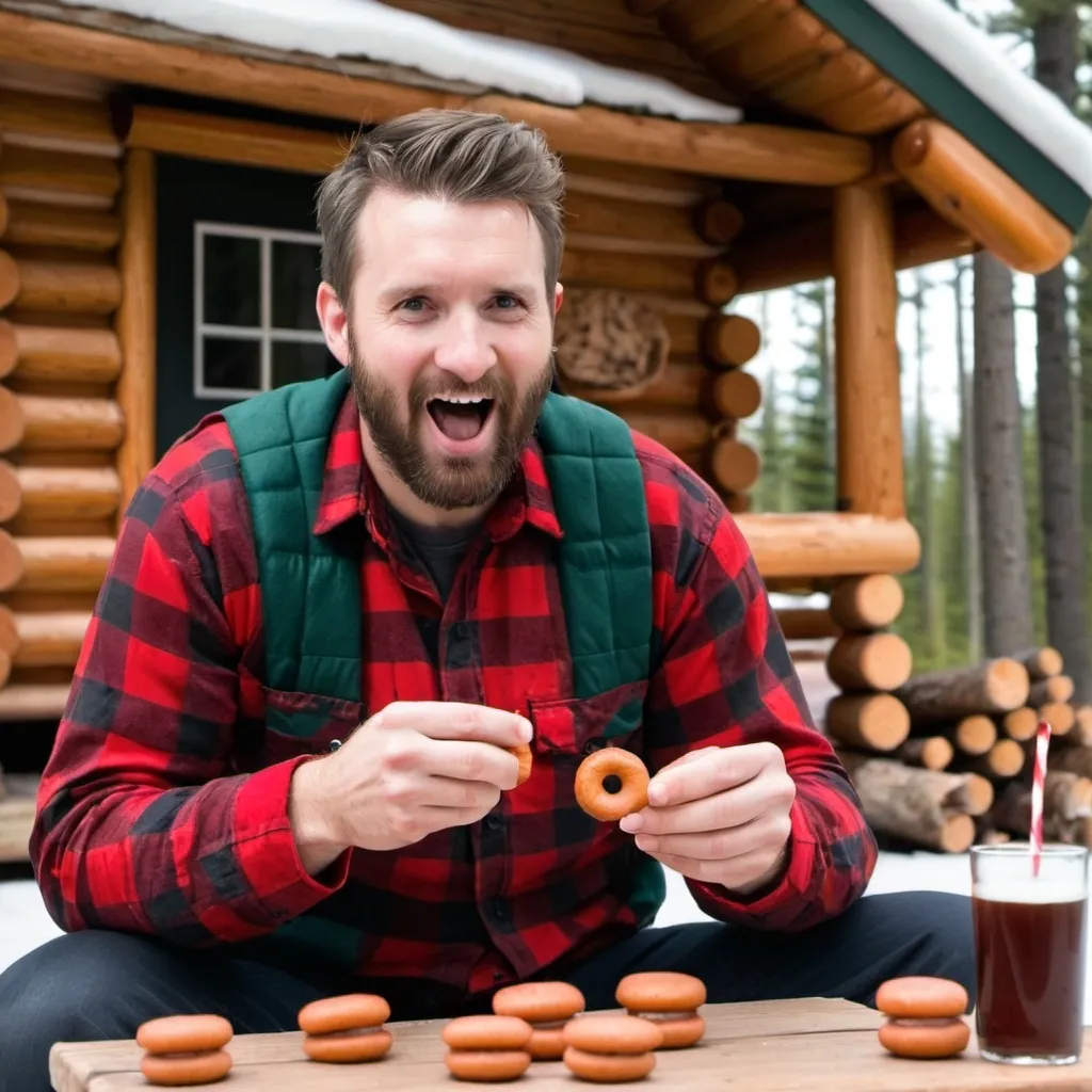 Prompt: canadian friendly lumberjack man eating timbits at a log cabin