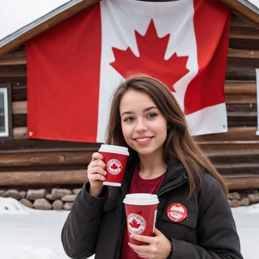 Prompt: young canadian woman standing next to a sugar shack drinking tim hortons coffee and a canada flag in the back