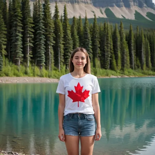 Prompt: young canadian woman standing next to a lake in alberta during summer with canadian flags and maple leaves