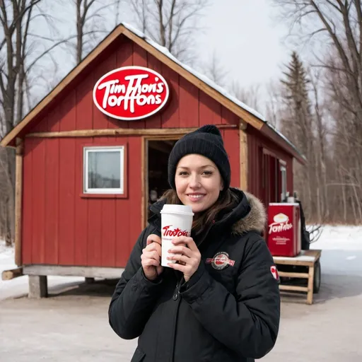 Prompt: canadian woman standing next to a sugar shack drinking tim hortons coffee