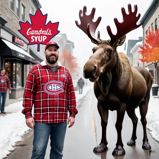 Prompt: moose wandering in streets of quebec city, with tim hortons cups and massive maple leaves in the sky, with a friendly canadian lumberjack in a red plaid shirt standing next to him and next to the lumberjack is a person in a montreal canadiens jersey and snowy and people saying sorry everywhere and flooding maple syrup