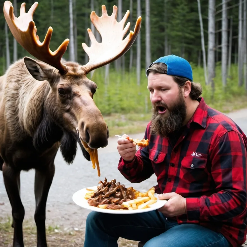 Prompt: canadian lumberjack man eating poutine with a moose