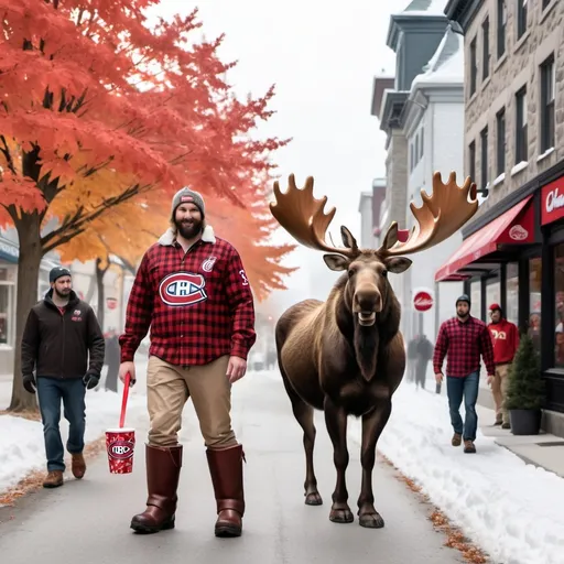 Prompt: moose walking in streets of quebec city, with tim hortons cups and massive maple leaves in the sky, with a friendly canadian lumberjack in a red plaid shirt standing next to him and montreal canadiens player and snowy