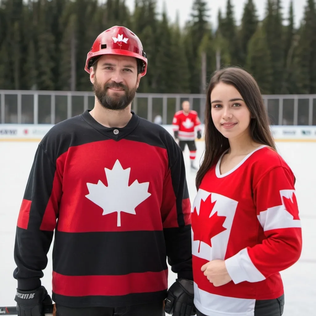 Prompt: friendly canadian lumberjack man standing next to a young canadian woman in a hockey jersey