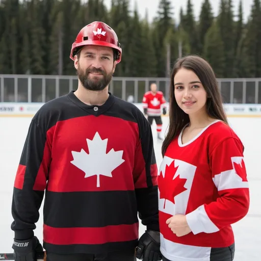 Prompt: friendly canadian lumberjack man standing next to a young canadian woman in a hockey jersey