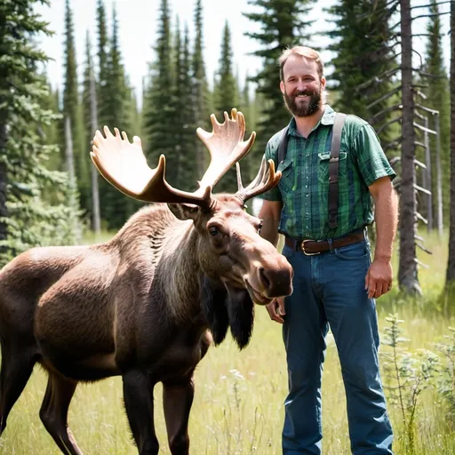 Prompt: friendly canadian lumberjack man standing next to a moose in alberta during summer