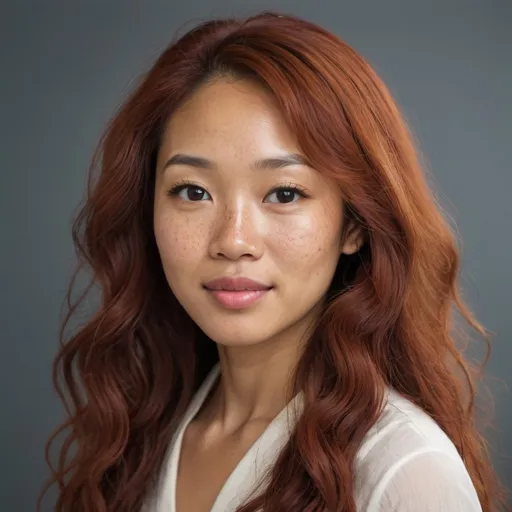 Prompt: Elegant 27 year old biracial asian american woman with long wavy red hair, light complexion, freckles, high cheekbones