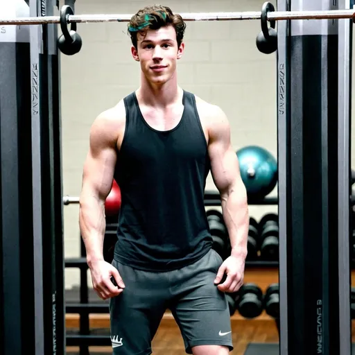Prompt: Muscular, Shawn mendes, in the gym sweaty, full body image