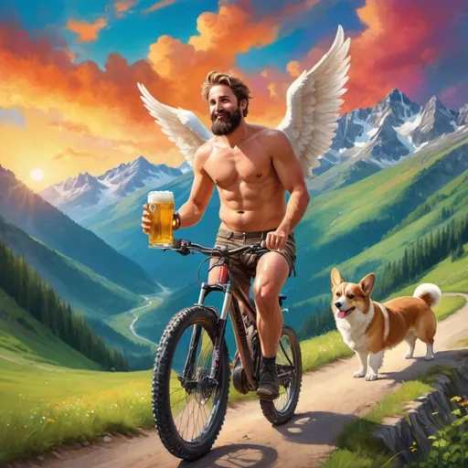 Prompt: (barechested sweet angel with a beard), riding a mountain bike, (high mountain pass), (corgis playing in the background), holding a glass stein of beer, (vibrant colors), (dramatic sky), high detail, (adventurous mood), (lush greenery surrounding the pass), (sunlight casting warm highlights), ultra-realistic, epic scenery.