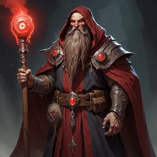 Prompt: DND Goliath Wizard long beard and 2 big Facial scars  carying a large Wooden Staff with a Billowing cloak along side 2 glowing blood red eyes shinning out from under the cloak 