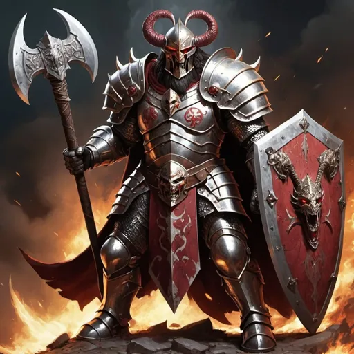 Prompt: Goliath Paladin in Half Plate armour carrying a Greataxe with shining blades along with a Big Shield on his back with a Viper on it he Wears a Cloak with the symbol of the God of Chaos along with a God of Chaos Holy Symbol he has deep Crimson eyes and 2 Large Facial scars along with Chaos markings on his arms and chest