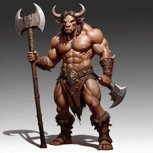Prompt: Minotaur Barbarian Wild Magic class he is 7 and a half feet tall has leather straps across his chest carry's 2 Javelins on his side along with a Greataxe on his back with a Sickle hanging next to his Javelin he has big muscles along with big sharp horns 