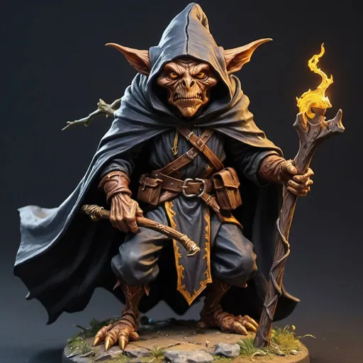 Prompt: a Hobgoblin Wild Magic sorcerer he carrys a Gnarled wooden Staff along with a Crossbow on his back he is wearing a long cloak which has markings of Deep Magic alongside his piercing yellow Eyes 