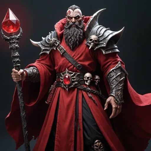 Prompt: Triton Wizard blood red robes with a large ebony staff with a red gem on top his eyes glow blood red along with 2 large facial scars and a massive beard he wears light robes with shoulder plates and braces and has a annoyed look with a shrunken skull on his belt