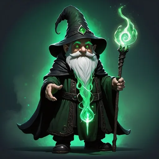 Prompt: Deep Gnome Shadow Magic sorcerer 4 foot 2 with a large for his size staff with a Deep Green Emerald at the top he wears a Deep Black Cloak with shadows swirling around it along with 2 Deep green Eyes glowing under pulsing with Magic 